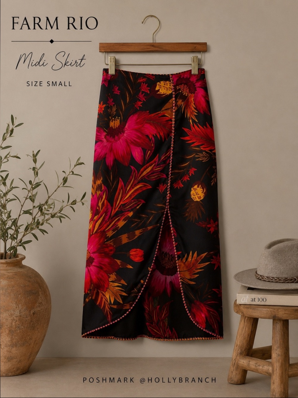 FARM Rio Black Midi Skirt with Pink & Orange Floral Print